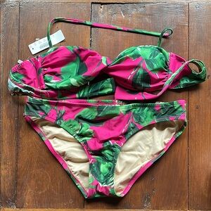 J. Crew pink and green leaf print bikini
